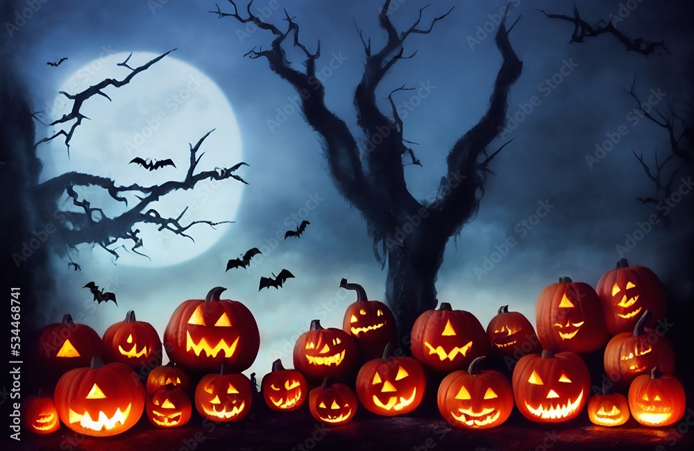 Painting of Gloomy background for spooky Halloween scene. Landscape with pumpkins and spooky forest,   dry branches, tree silhouettes, scary Wight. Moon and bats in the background. illustration