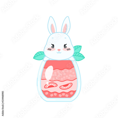 Cute bunny and a strawberry dessert. Flat cartoon illustration of a little white rabbit sitting on an ice cream float glass isolated on a white background. Vector 10 EPS.