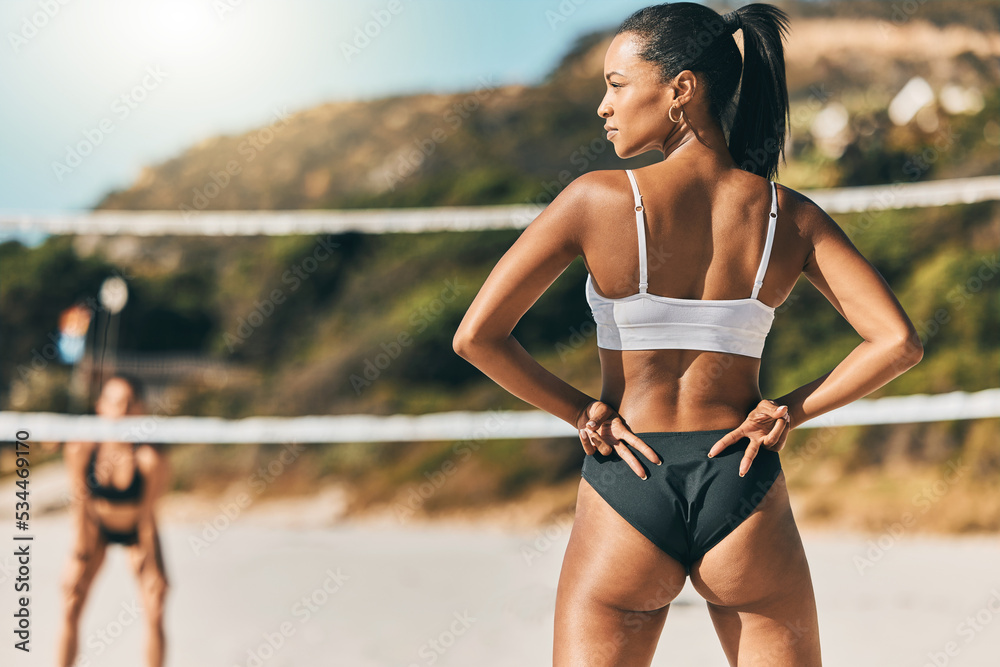 Fitness, volleyball and beach with woman in a bikini and hand signal for  sports on Brazil