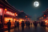 Painting of Halloween in China. Red Lights Street. Mysterious Ghost City. Pedestrians shuffle along the street. Full moon in the background, street decorated with pumpkin lanterns. illustration
