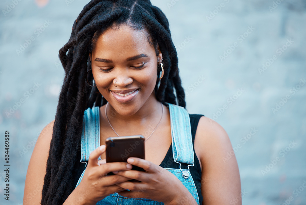 Black woman, social media and city phone typing, contact and