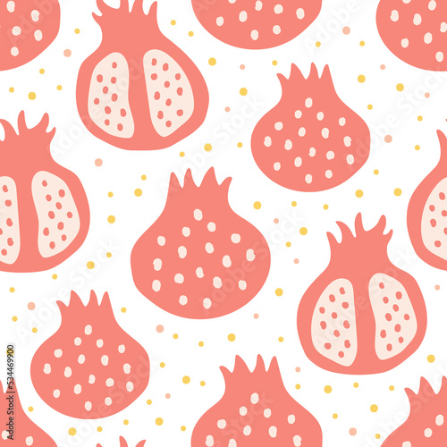 Cute garnet of soft color with yellow dots on a white background. Seamless pattern fresh fruits