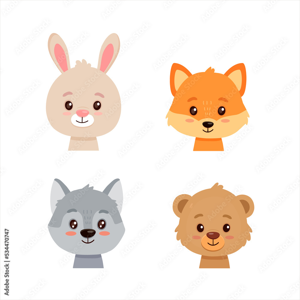Cute cartoon forest animals including a fox, bear, rabbit, bunny, and wolf.Illustration of forest animal heads and faces.