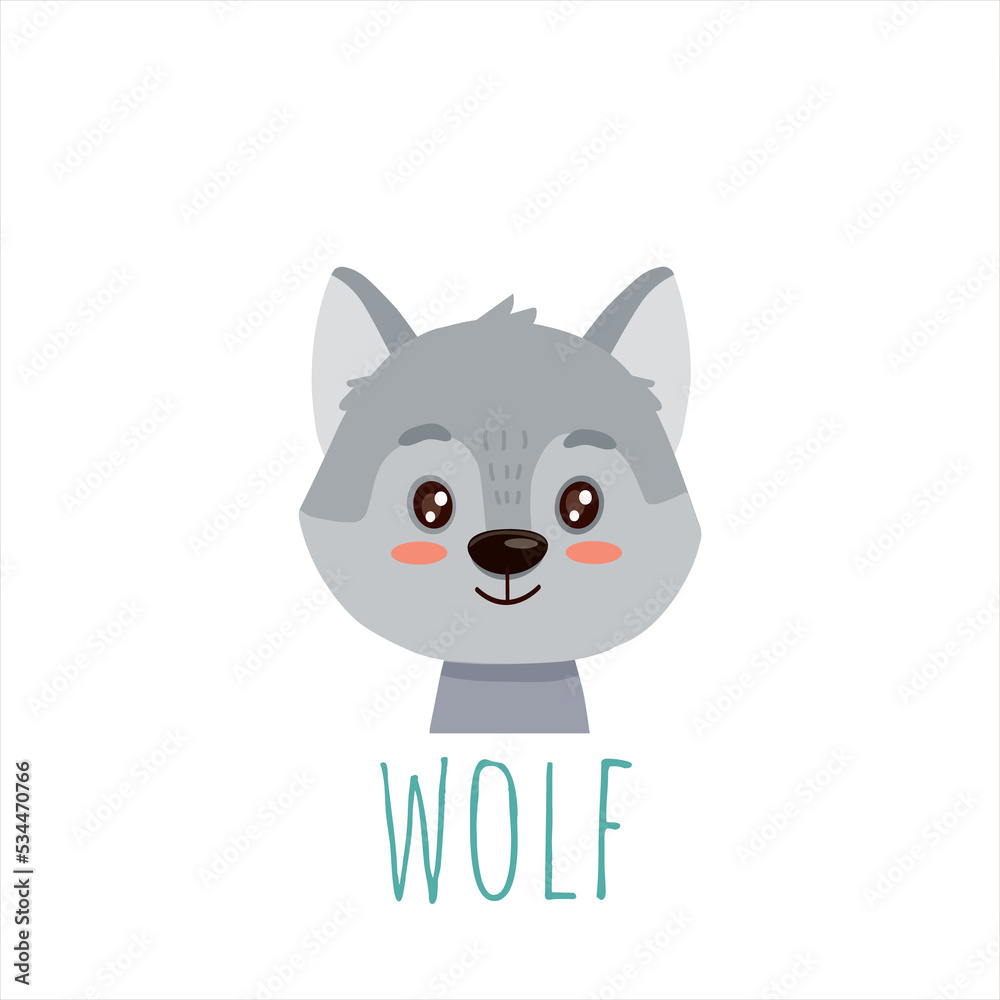 cute cartoon wolf. Animal in flat style.Illustration of wolf face head for cards,magazins,banners
