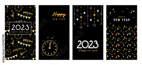 Happy New Year- 2023 . Collection of greeting background designs, New Year, social media promotional content. illustration