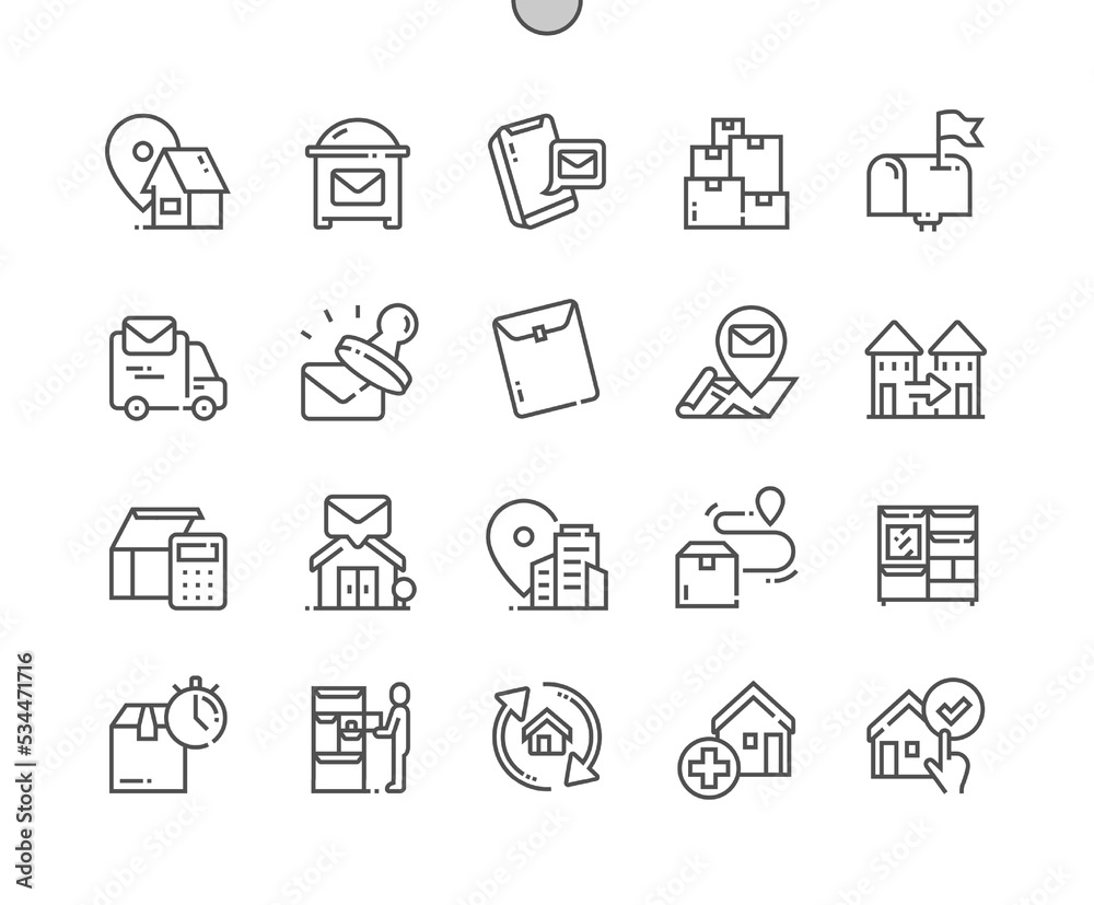 Address. Post office box. Postal service. Add address, letter, envelopes. Pixel Perfect Vector Thin Line Icons. Simple Minimal Pictogram