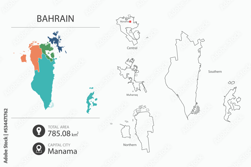 Map of Bahrain with detailed country map. Map elements of cities, total areas and capital.