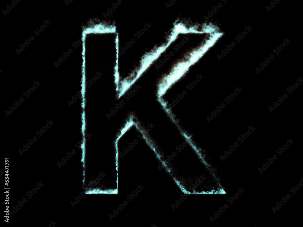 Neon flame letter K. Font outline ocean blue fire. Neon flame letter K. Font outline ocean blue fire.