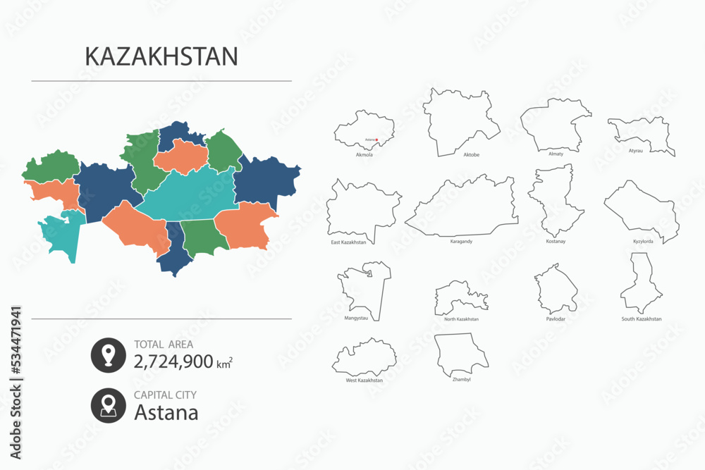 Map of Kazakhstan with detailed country map. Map elements of cities, total areas and capital.