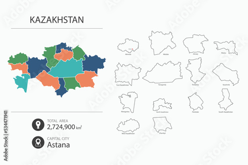 Map of Kazakhstan with detailed country map. Map elements of cities  total areas and capital.