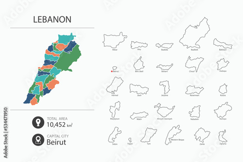 Map of Lebanon with detailed country map. Map elements of cities, total areas and capital.