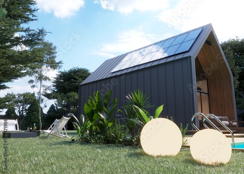 Panele solarne, fotowoltaiczne na dachu nowoczesnej stodoły photo