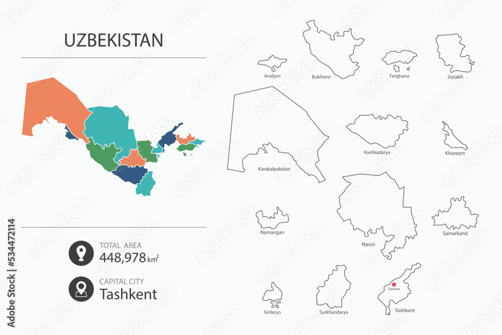 Fototapeta premium Map of Uzbekistan with detailed country map. Map elements of cities, total areas and capital.