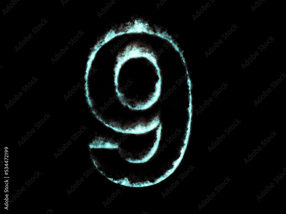 Neon flame number 9. Font outline ocean blue fire.