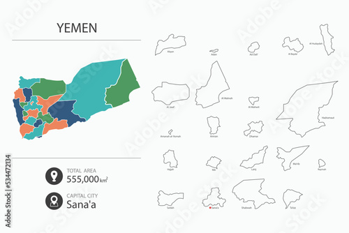 Map of Yemen with detailed country map. Map elements of cities, total areas and capital.