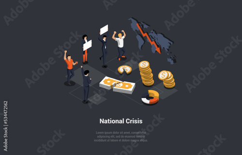 Global National Crisis. Diverse People Protesters Holding Banners and Placards. Economic Decline, Downfall, Inflation, Devaluation, Stock market Crash, And Bankrupt. Isometric 3d Vector Illustration