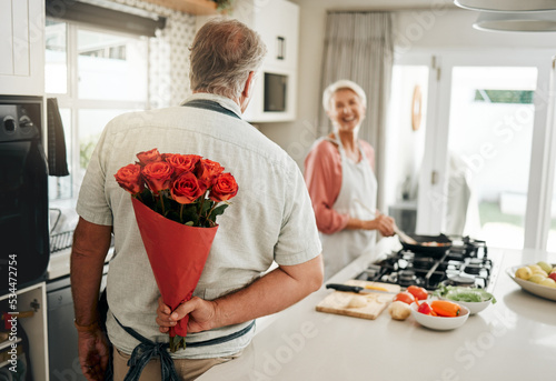 Photography Roses, gift and senior couple love flowers to celebrate their marriage anniversary in a romantic way at home