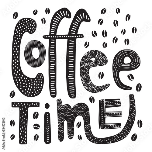 Coffee time lettering isolated in linocut style