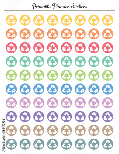 Recycling icon, colored stickers for planner. Printable sheet