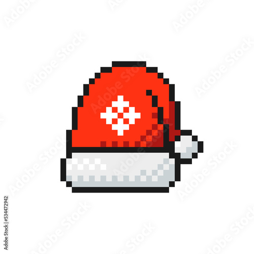 Santa Claus hat icon in pixel art design isolated on white background, Christmas and New Year vector sign symbol.