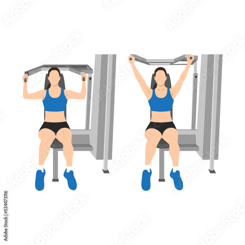 Woman doing a shoulder press exercise on a weight machine exercise. Flat vector illustration isolated on white background