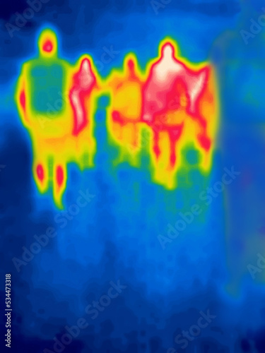 Infrared photography, A group of people. . Image from thermal imager device. Modified unrecognizable people