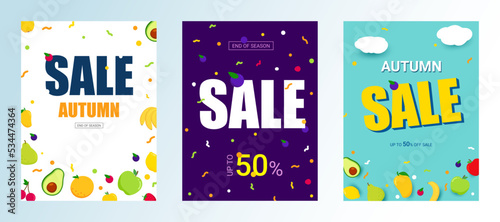 Set poster - Sale Autumn. Bright banner with confetti or fruits.