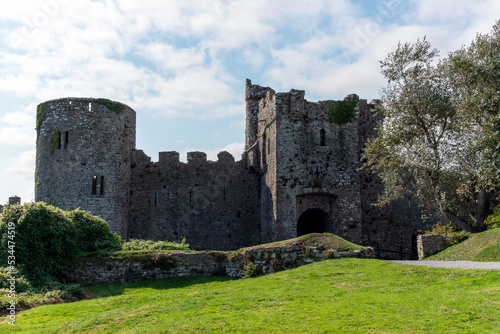 Manorbier Castle in Pembrokeshire south Wales UK which is an 11th century Norman fort ruin and a popular travel destination tourist attraction landmark, stock photo image photo