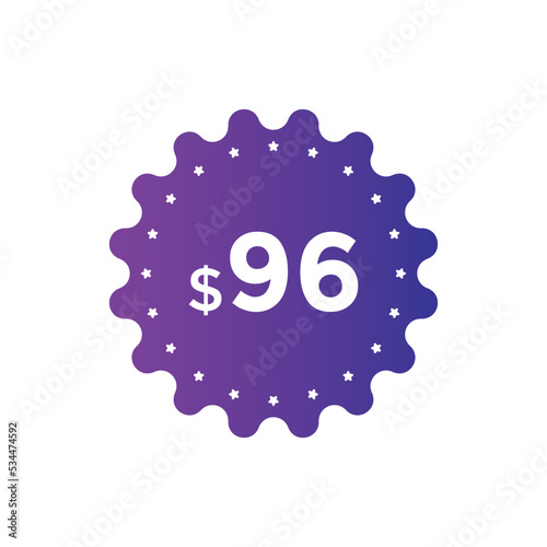 96 dollar price tag. Price $96 USD dollar only Sticker sale promotion Design. shop now button for Business or shopping promotion 