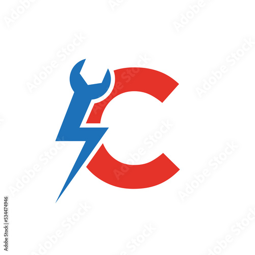 Initial Letter C Repair Wrench And Volt Power Logo Design For Repair, Electrical Sign Vector Template