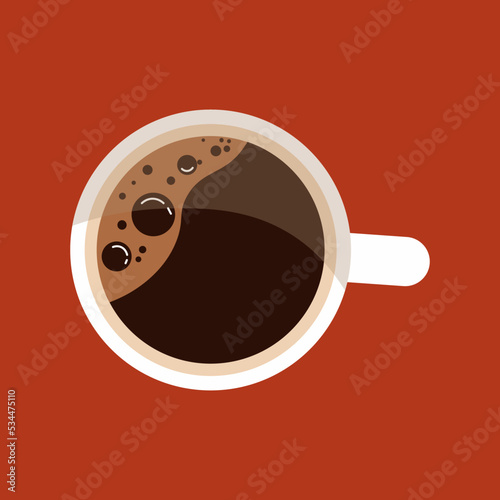 Mug of hot coffee drink with foam on red background