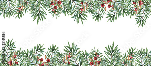 Sprigs of coniferous Christmas trees watercolor seamless border. Hand drawn christmas illustration. Minimalistic scandinavian banner design for the new year.