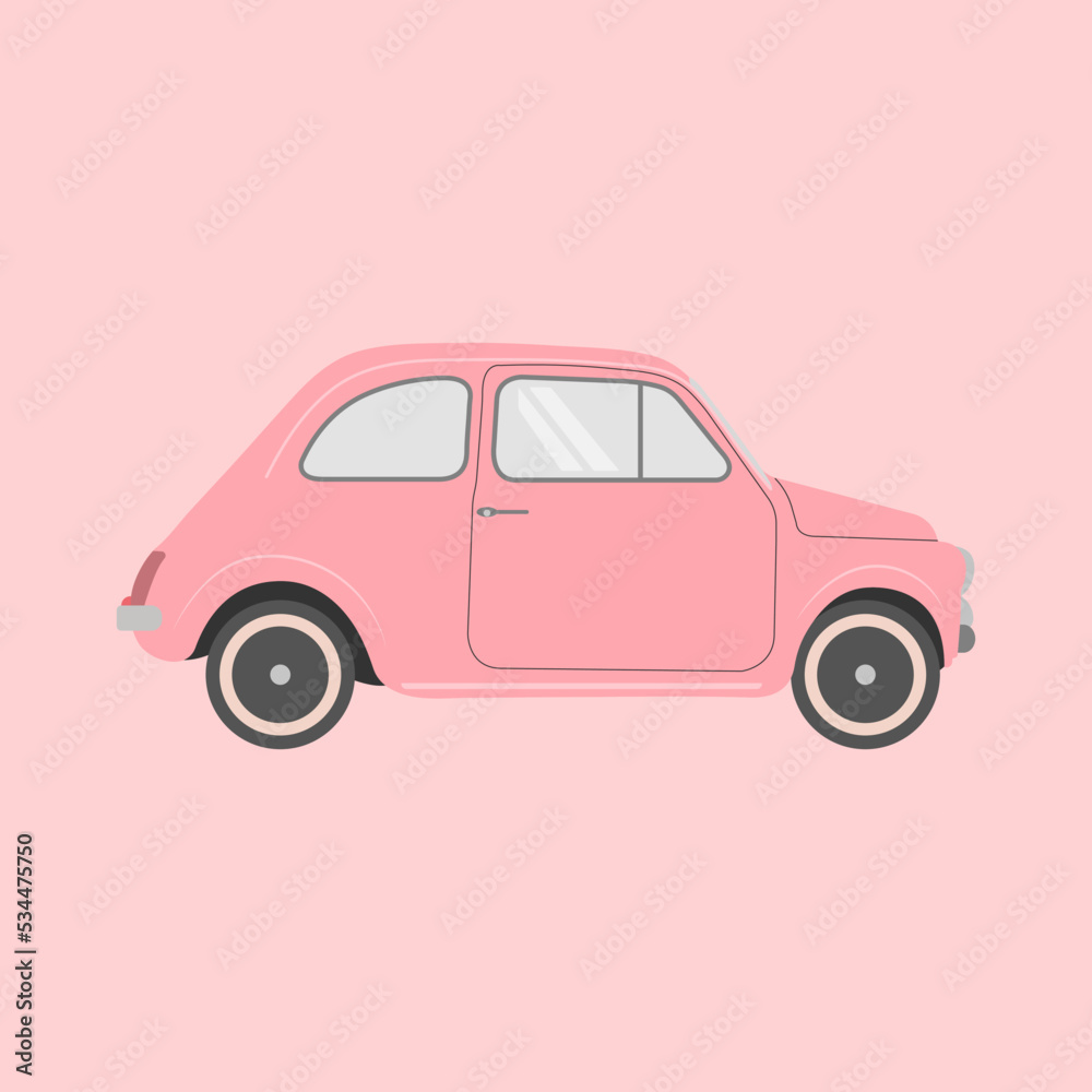 Old classic vintage pink car. Small fashioned sedan car hand drawn flat vector isolated illustration. Elegant British retro car design