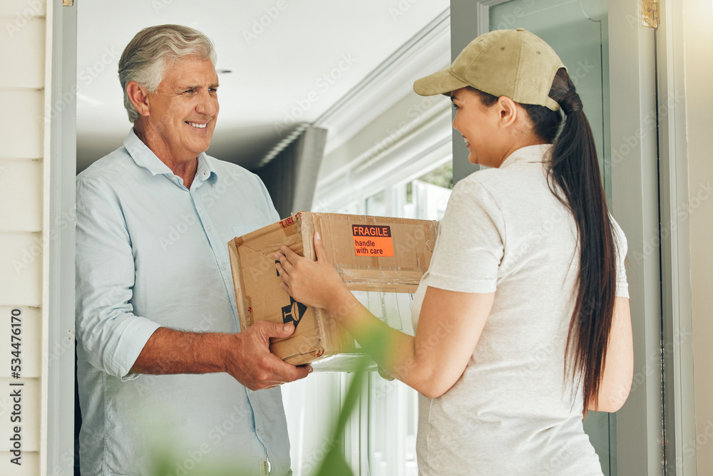 Obraz premium Door delivery, courier box and people for e commerce service with trust, care and safe distribution industry. Shipping package in cardboard package for stock management or logistics home supply chain