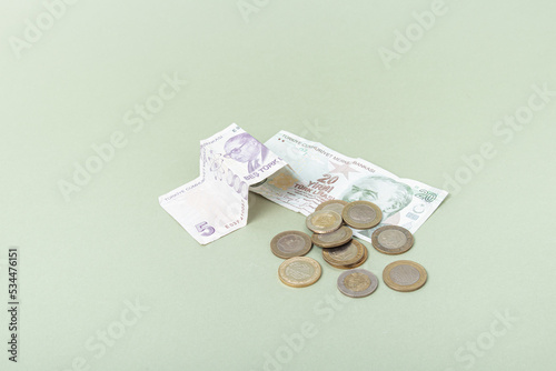 Turkish lira on green background. Paper money and coins photo