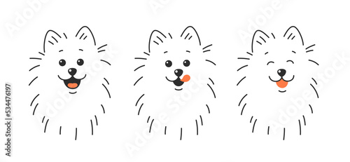 Dog tongue lick mouth. Happy dog face with tongue hanging out. Vector illustration isolated on white background.
