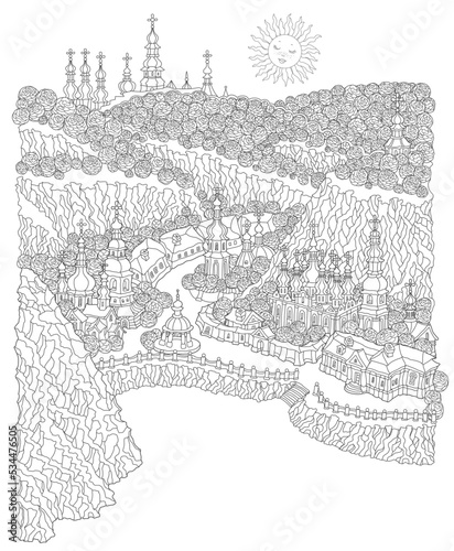 Vector black and white fantasy landscape, fairy tale town on the river bank, monastery church, sun in the sky. Adults and Children Coloring Book page 