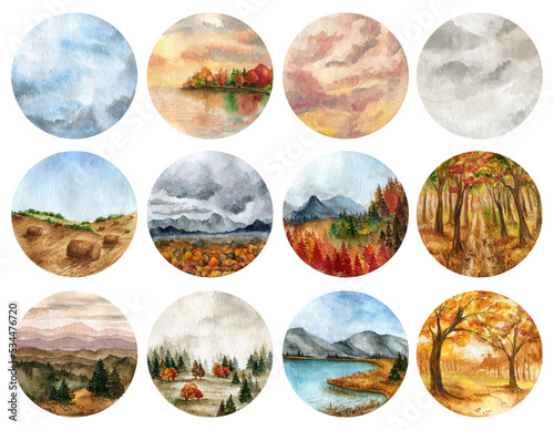 Wallpaper Mural Set of autumn forest landscapes. Colorful watercolor painting of fall season. Illustrations of beautiful forest, sky and mountains. Artistic natural scenery hand draw Torontodigital.ca