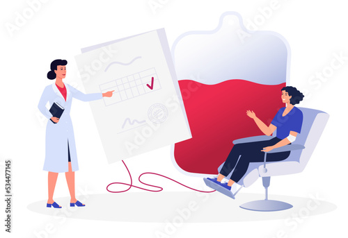 Woman donating blood. Doctor and a donor. Donor day. Ad, banner, web. Blood donation concept. Charity, humanitarian aid. Medical record. Flat vector illustration. Infographics. 