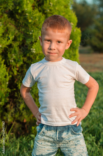 Portrait of a five-year-old red-haired boy in nature