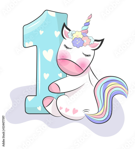 One Birthday party invitation with baby unicorn boy girls 