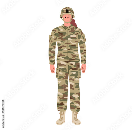 Female soldier. Woman in the army. Infantry. Call up to armed forces. Mobilization. Flat vector illustration.