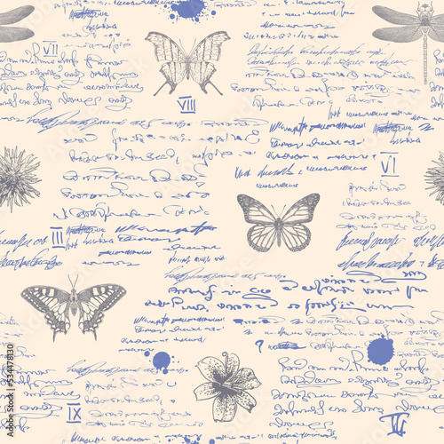 vector image of a seamless textured background in the style of notes from an entomologist diary with sketches, formulas and notes and sketches of insects