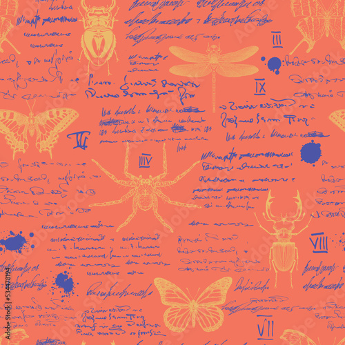 vector image of a seamless textured background in the style of notes from an entomologist diary with sketches, formulas and notes and sketches of insects