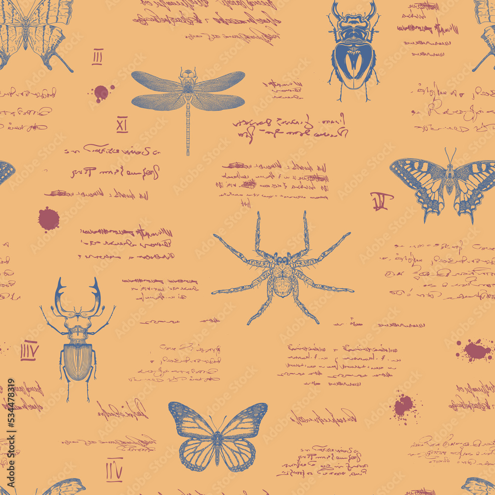 vector image of a seamless textured background in the style of notes from an entomologist diary with sketches, formulas and notes and sketches of insects