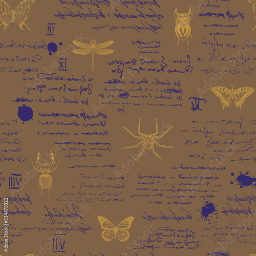 vector image of a seamless textured background in the style of notes from an entomologist diary with sketches, formulas and notes and sketches of insects