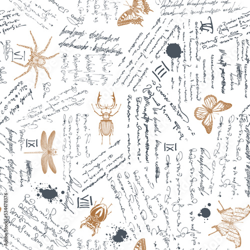 vector image of a seamless textured background in the style of notes from an entomologist diary with sketches, formulas and notes and sketches of insects