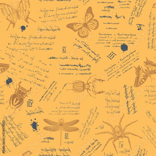 vector image of a seamless textured background in the style of notes from an entomologist diary with sketches, formulas and notes and sketches of insects