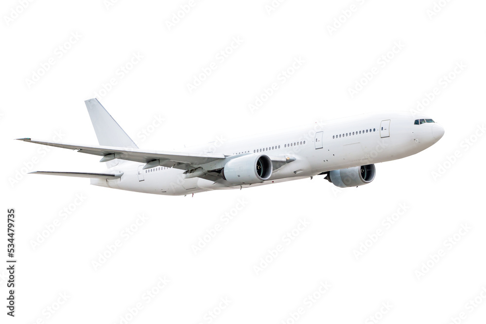 Wide body passenger airliner flying isolated on transparent background - obrazy, fototapety, plakaty 