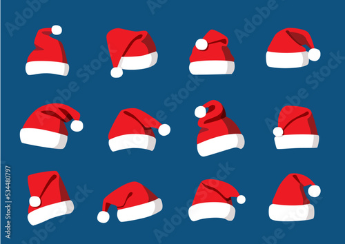 Hat santa christmas set decorations and design isolated on blue background illustration vector 
